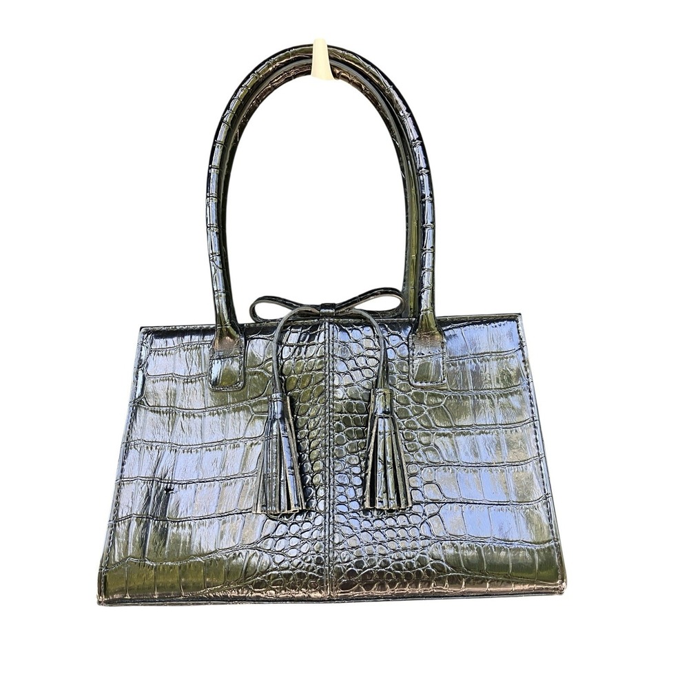 Vintage Y2K Liz Claiborne Croc Embossed Mini Handbag Black Tassel Bow Bag 90s